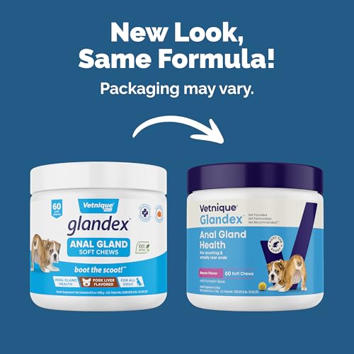 Image of Vetnique Glandex Anal Gland Soft Chew Treats with Pumpkin for Dogs Digestive Enzymes, Probiotics Fiber Supplement for Dogs Boot The Scoot (Bacon Flavor Chews, 60 Count)