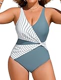 Wiepux Women's One-Piece Swimsuits Padded High Cut Plus Size Bathing Suit Ladies Swimming Costume,Striped Blue,3XL