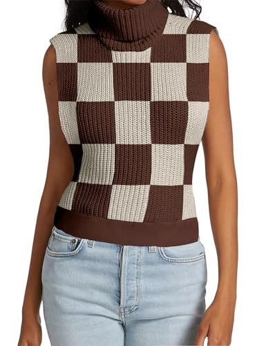 Image of Womens Sleeveless Sweater Vest Turtleneck Ribbed Knit Tank Tops Basic Slim Fit Top, X-Large, Plaid Coffee