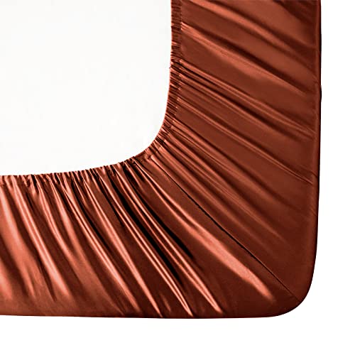 Image of Ersmak Satin Fitted Sheet Only, Luxury Silky King Fitted Sheet Ultra Soft Deep Pocket Bottom Sheet, Wrinkle & Fade Resistant - Rust Orange