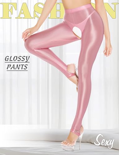 Women's Shiny High Waist Tights Oil Glossy Opaque Pantyhose Sexy Open Crotch Footless Yoga Leggings Pants2