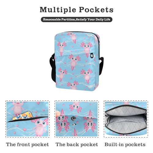 VIGTRO Small Messenger Bag Purse, Cute Pink Axolotl Mini Crossbody Bag with Adjustable Strap for Women Men, Blue Wave Small Shoulder Bag for Travel Outdoor Sports3