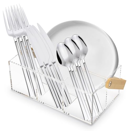 Utensil Holder Silverware Caddy Countertop Cutlery Organizer Acrylic Party Utensil Holder for Knives Forks Spoons Plates Napkins, Flatware Caddy for Countertop Table Buffet Picnic(Bamboo Hanlde)