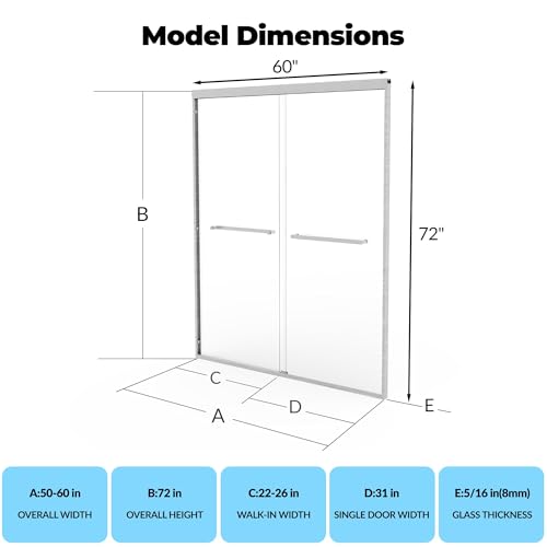 Image of 56 inch-60 inch W x 72 inch h Double Sliding Shower Door - Semi-Frameless Bypass Bathroom Door with 5 /16 inch Tempered Glass,Brushed Nickel Finish for Walk-in Shower