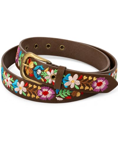 Geyoga Mexican Floral Belt Women Embroidered Western Boho PU Leather Fashion Belt for Dress Jeans Cinco De Mayo Luau Party (Brown)