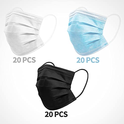 60 Pcs 3 Color Disposable Face Masks，3 Layers Facial Safety Masks With Adjustable Elastic Ear Loop Dust Air Pollution Protection （Black+Blue+White） #TOP1