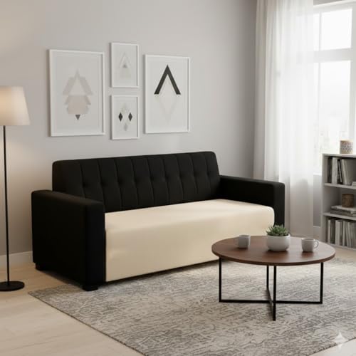 Image of FURNY Luxora 2 Seater Fabric Sofa Set (Black-Cream) with Velvet Finish | Durable Comfort | Ideal for Living Room | Breathable material