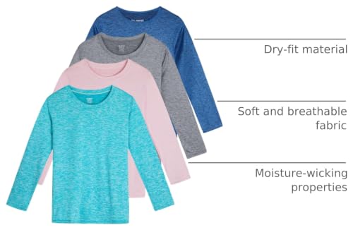 Image of Real Essentials 4 Pack: Girls' Dry-Fit Long Sleeve Crew Neck T-Shirt - Athletic Activewear Soccer Top for Teens Kids Youth