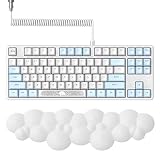 A.JAZZ 有線ゲーミング用メカニカルキーボードセット テンキーレスコイルケーブルリストレスト付き ホットスワップホワイトブルー青軸コンパクト87キーゲーム用キーボード全キー衝突なしRGBバックライト着脱式マグネットカバー Type-C USB -Aスクリル式コイルケーブル金属航空コネクター キーボード用リストレストホワイト雲状手首クッション メモリー綿低反発PU材質滑り止め基板