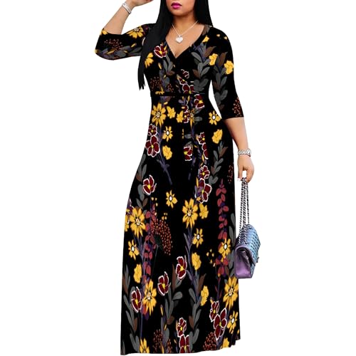 Image of PinkPatty Women's Print Maxi Dresses 3 /4 Sleeve Flowy Long Dress V Neck Wrap Tie Waist Sundress