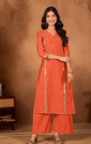 Image of Women Straight-Cut Kurta Pant Set with Subtle Golden Lace Embellishment | Elegant Ethnic Wear for Festive, Office & Casual Use