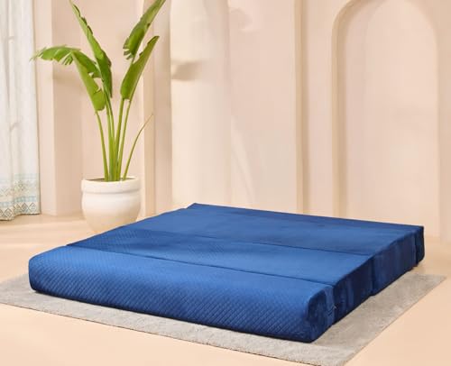 Image of uberlyfe Xtra High, Xtra Soft 3 Seater (6' x 6') Sofa Cum Bed | 1 Year Warranty | 17 inch Sofa Height | King Size Foldable Bed | Plush Laser Quilted Fabric | Deep Blue Color