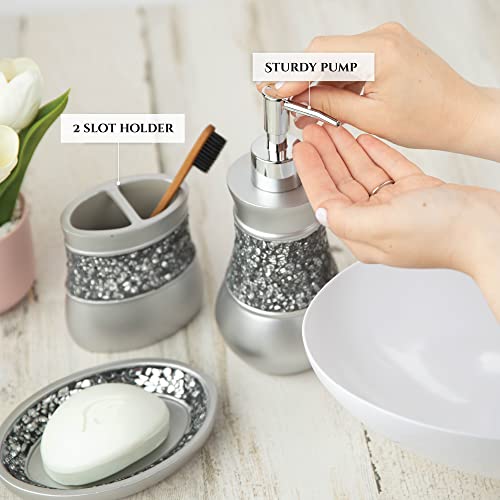 Image of Creative Scents Crackled Glass Silver Hand Soap Dispenser for Bathroom, Decorative Countertop Lotion Dispenser, Elegant Liquid Soap Dispenser with Sturdy Pump for Classic Bathroom Decor