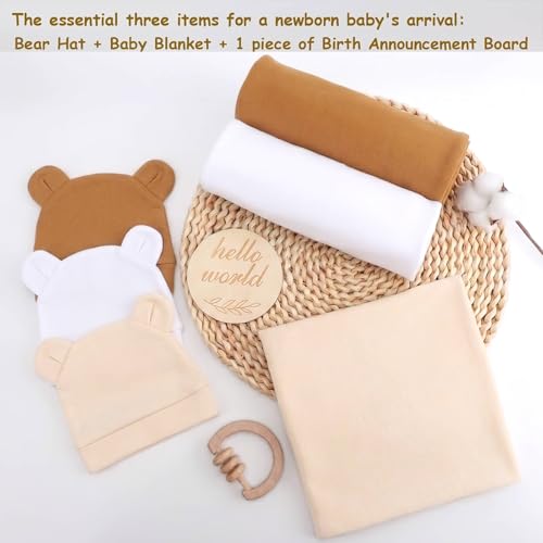 Image of BQUBO 3 Sets Cotton Baby Swaddle Blankets Swaddling Wrap with Hats Mittens Newborn Soft Silky Nursery Receiving Blanket Cute Bear Ears Hat Elastic Gloves Set for Unisex Baby 0-3 Months