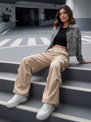 Image of GRECIILOOKS Women's Cargo Pants|Trousers |High Waist Cotton Trouser |Flared Parachute Pants with Side Pockets | Cargo Pant|Elegant for College & Events