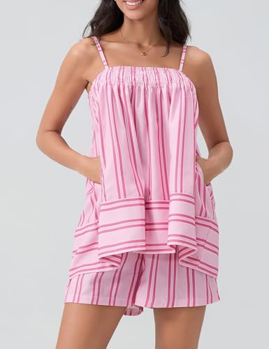 Wyeysyt Women 2 Piece Lounge Set Striped Pajama Set Ruffle Hem Cami Tops and Stripe Boxer Shorts Pj Set Sleepwear4