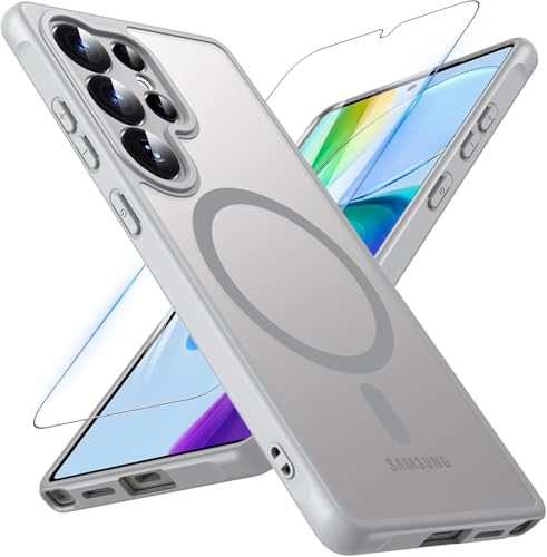 Image of OWKEY Galaxy S25 Ultra Case 6.86'', Magnetic S25 Ultra Case for Magsafe with Tempered Glass Screen, [Shockproof Military] Translucent Back Slim Bumper Cover Phone Case Galaxy S25 Ultra, Gray