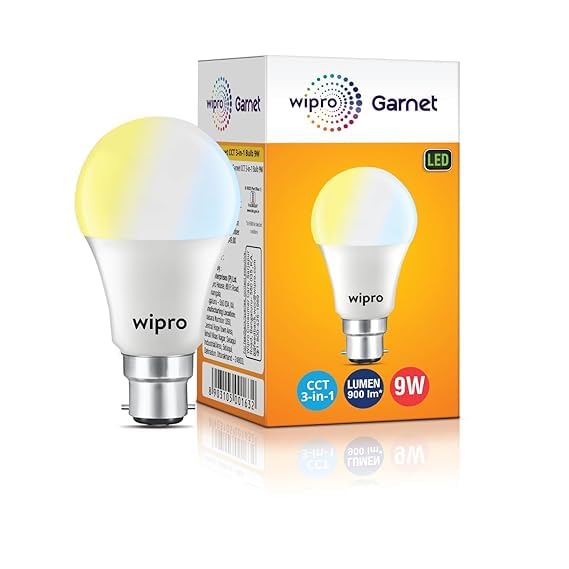 Image of wipro Garnet 9W CCT 3-in-1 LED Bulb for Home & Office | Mood Lighting for ambiance | 240 Degree wide Coverage | 4 KV In-built Surge Protection, 420 V High Voltage Protection | Pack of 20