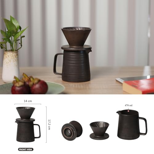 Image of Stoneware Handmade Pour Over Coffee Maker Set, Ceramic Coffee Cone Dripper & Decanter, Pottery V60 Filter Brewer & Coffee Pot, Annular Vein Retro Metallic Black Glazed 16oz
