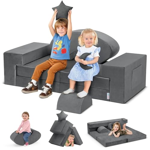Image of Kidirect Modular Kids Play Couch, 400+ DIY Convertible Foam Sofa for Playroom with Star Moon Pillow - Toddler Rocking Horse & Fort Building Kit (Grey, Washable)