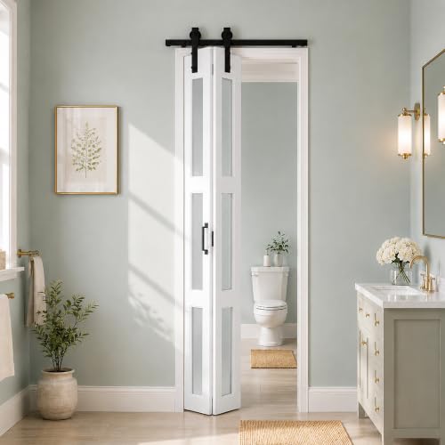 Image of Bifold Frosted Glass Barn Door 28 inchx84 inch with Hardware Included