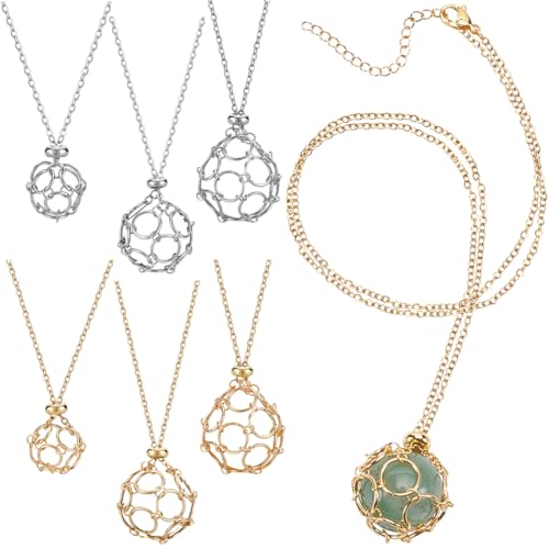 PH PandaHall Collar con soporte de cristal de 3 tamaños, 6 unidades, collar de jaula de cristal, soporte de piedra vacía, collares con colgante de piedras preciosas, oro y plata, collares de calibre