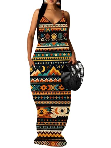 EQQZD Women's Spaghetti Strap Traditional African Print Maxi Dress Summer Casual Flowy Long Sun Dresses with Pockets Sleeveless Ankle Length Vacation Wear Plus Size