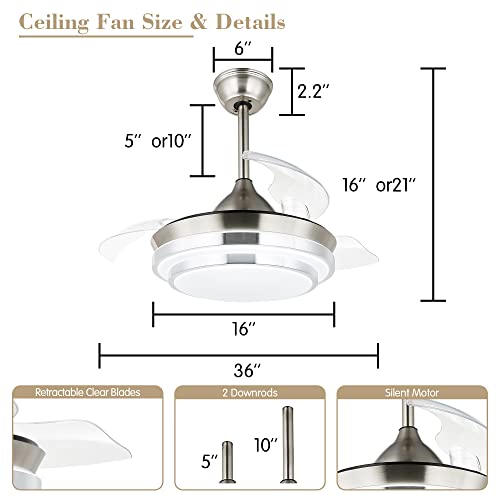 Bella Depot Retractable Ceiling Fan With Lights And Remote, 36" Retractable Fan Ceiling Light, Ceiling Fans With 3 Color Change, Timing Options, Silent Noiseless For Dining Room Bedroom Living Room #TOP5