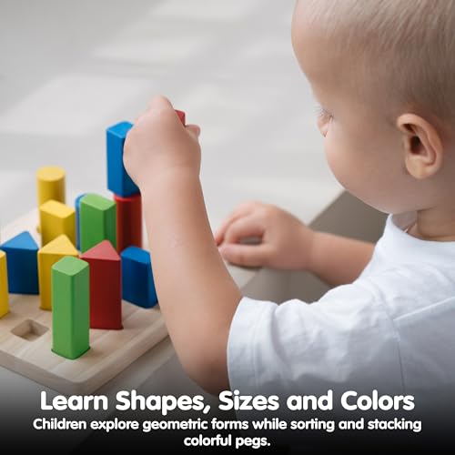 Image of PlanToys Geometric Peg Board Wooden Shape Sorting & Stacking Toy for Kids Ages 2+ | Montessori STEM Toy for Fine Motor Skills, Color Learning & Coordination | Eco-Friendly Educational Activity