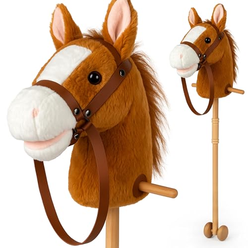 CELMAN Hobby Horse - Steckenpferd Braun A4 mit Zaumzeug und Sound - Geräuscheffekt durch Ohrdruck - Holzstab mit Rädern - Spielzeug Pferd für Kinder - Reiten & Rollenspiel