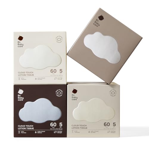 Bc Babycare Cloud Touch Lotion Facial Tissues for Sensitive Skin & Noses, Ultra Soft 5-Ply, Hypoallergenic & Fragrance Free, Plant-based Materials(4 Boxes, 60 Tissues per Box)