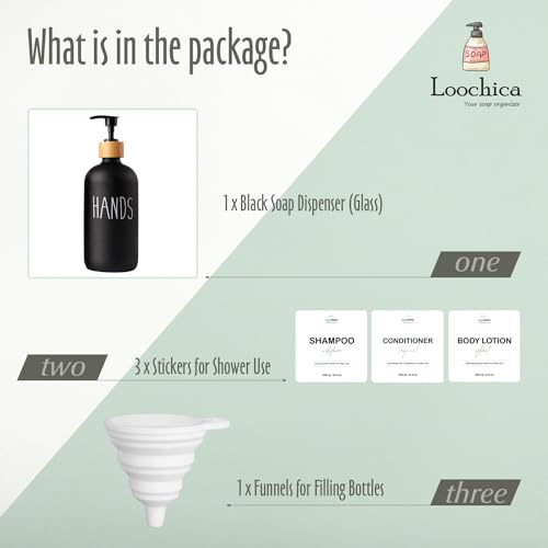 Image of LOOCHICA Black Glass Kitchen Soap Dispenser, Detergent Dispenser or Hands Soap Dispenser for Kitchen Sink, Black Soap Dispenser, Modern Farmhouse Decor Dish Soap Pump for Kitchen Organization