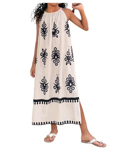 Girl's Halter Dress Boho Graphic Split Side Loose Vacation Beach Summer Maxi Dress