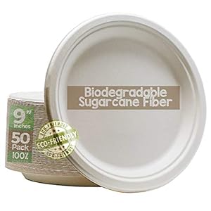 Green Earth, 100% Compostable Paper Plates Natural Bagasse, Sugarcane Fiber, Breakfast Lunch Dinner Biodegradable Recycled Disposable Round Microwave Safe Eco Friendly Heavy-Duty, 9″ inches, 50 Pack