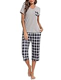 iClosam Damen Karierte Pyjama Set Schlafanzug Baumwolle Zweiteilige Nachtwäsche Hausanzug Sleepwear, Kurzärmel Shirt + 3/4 Hose