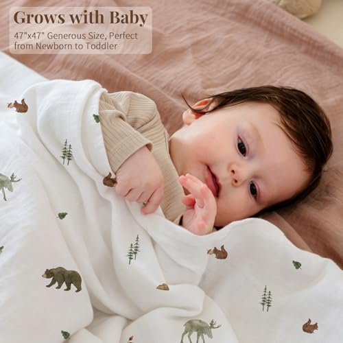 Image of POMISO Muslin Swaddle Blankets for Boys & Girls, Newborn Receiving Blankets, 4 Pack Soft Breathable Baby Swaddles, Large 47x47 Inches, Forest Animals