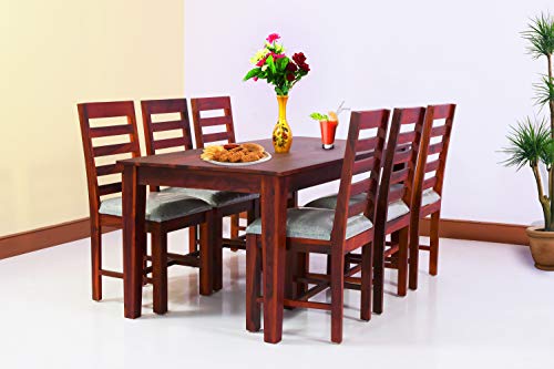 Image of Sheesham Wood 6 Seater Dining Table with Cushion Chairs Wooden Dining Room Set Six Seater Dinner Table for Living Room Home and Restaurant (Maple Finish)