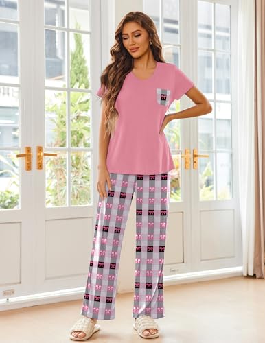 Image of Ekouaer Pajama Sets for Women 2 Piece Short Sleeve Pj V Neck Chest Pocket | Ladies Pajama Sets with Printed Long Pants, Soft Matching Pj Sleepwear, Casual Loose Fall Loungewear, S-XXL