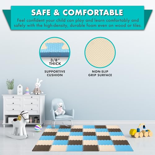Image of ProSource Baby Play Mat, Soft Foam Floor Tiles for Kids, Interlocking EVA Panels for Playpen Use, Crawling Development Surface, Safe Non-Toxic Toddler Flooring, 32 Tiles, Blue /Brown /Beige