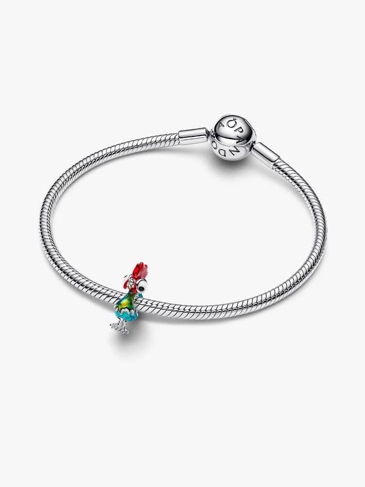 Disney Moana Heihei Sterling Silver Charm with White and Black Murano Glass, Red, Blue and Shimmering Green Enamel