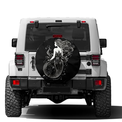 Image of Delerain Spare Tire Cover with Backup Camera Hole Black Mermaid Girl Wheel Covers Waterproof Dust-Proof UV Sun Universal Fit for RV Trailer RV SUV Truck (17 Inch for Diameter 31 inch-33 inch)