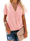DAOMUMEN Women Semi-Sheer Chiffon Flowy Blouses V-Neck Wrap Short Sleeve Shirts