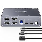 YOUTINGHDAV 4K KVM Switch 2 Monitore für 1 Laptop 1 Desktop, USB 3.0 KVM Switch 2 PC 2 Monitore USB C, 4K@60Hz, MST, PD 100W, Aluminium, Netzteil und Wired Remote(4K USB C HDMI 2 in 2 out KVM)