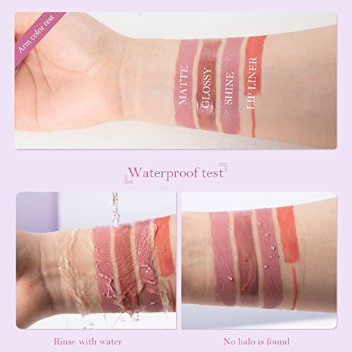 Niceface 4Pcs Matte Glossy Shine Liquid Lipstick + Lip Liner Pens Set, Non-Stick Cup Not Fade Waterproof Long-Lasting Velvet Nude Lip Gloss Lipstick Lipliner Four-In-One Makeup Set #TOP3