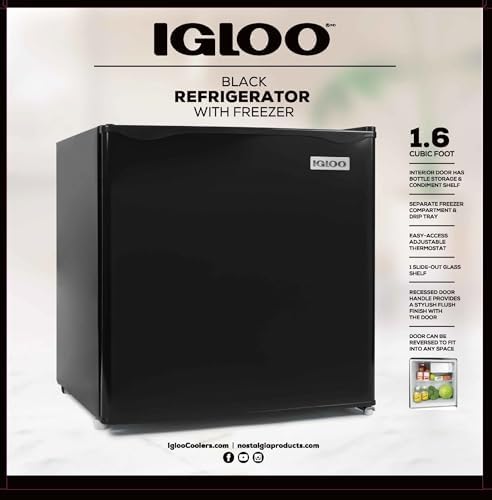 Igloo 1.6 Cu.Ft Mini Fridge with Freezer- Single Door Compact Refrigerator with Glass Shelves for Homes, Dorms & Offices- Keep Snacks, Drinks & Frozen Foods Cool with Temperature Control Fridge- Black