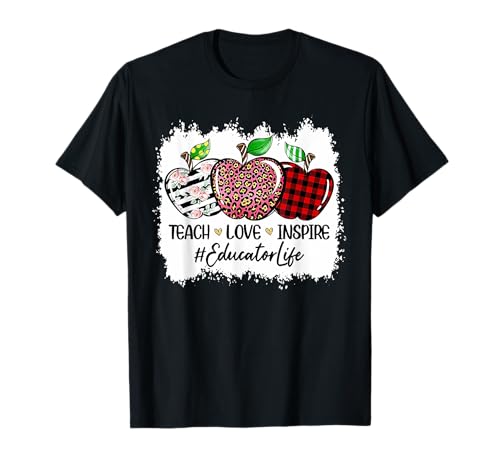 Teach Love Inspire Educator Life Apple Leopard Rosso Plain Maglietta