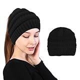 DYSWTUE Womens Winter Black Hat, Thermal Warm Winter Knitted Ponytail with Hole Cap, Soft and Comfortable, Messy Bun Ribbed Beanie High Bun Hat for Outdoor Hiking, Camping, Skiing