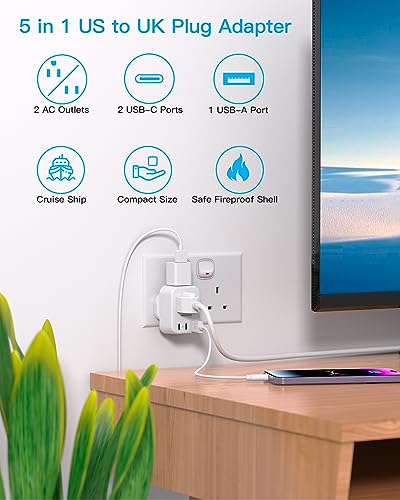 Image of HANYCONY US to UK Ireland Travel Plug Adapter, Type G Travel Adapter 2 Outlets 3 USB Ports(2USB C), UK Power Adapter Converter for USA to Dubai England London Scotland British Kenya Irish Hongkong