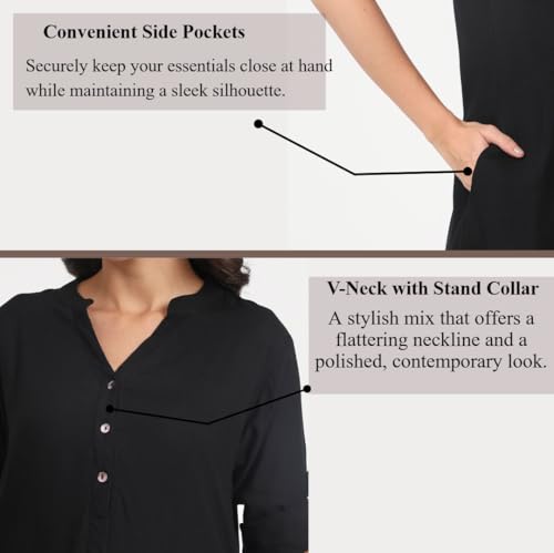Image of Women's Roll-Up Sleeve Tunic Top, V-Neck with Button Front, Side Pockets, Rayon Short Kurti