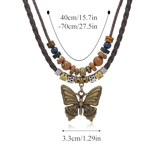 HETICA Boho Necklace for Women, Vintage Butterfly Necklace Adjustable Wooden Beads Layered Braided Necklace Fashion Tribal Style Leather Rope Necklace Jewelry4